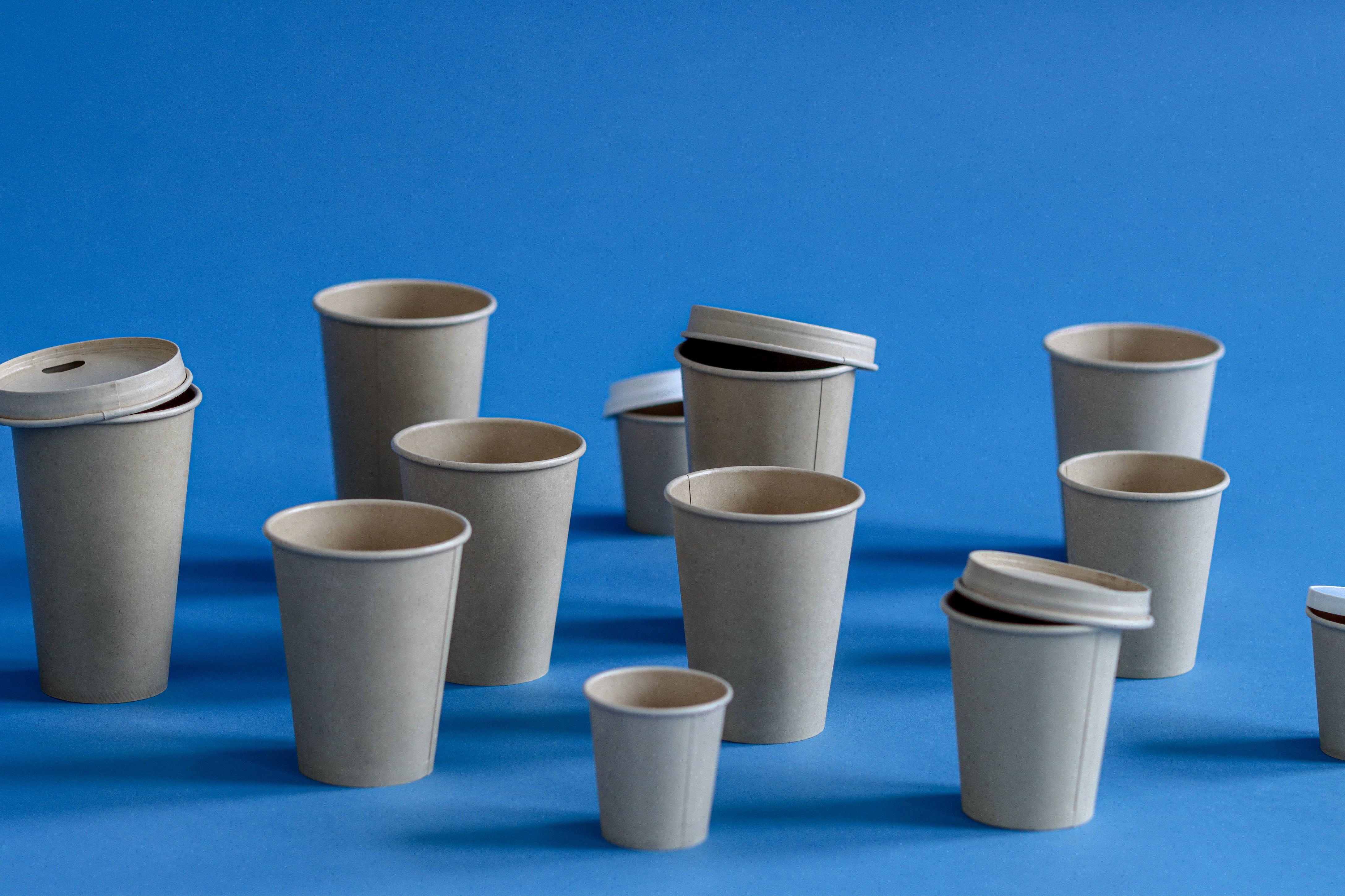 The image shows several bamboo disposable cups, arranged on a blue background, suggesting a theme of sustainable packaging solutions.